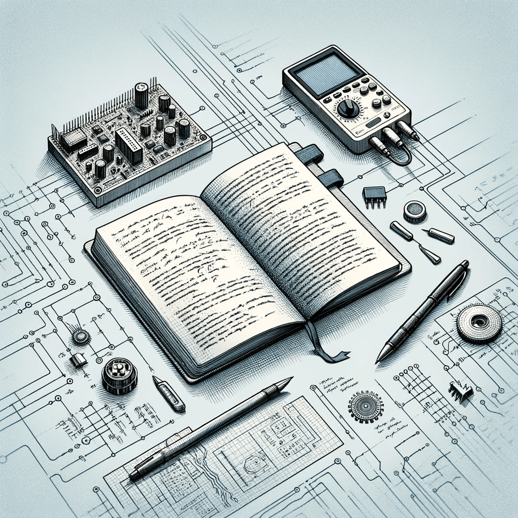 Here is a conceptual banner image created by DALL-E for your blog post. It features a paper notebook with handwritten notes and sketches related to embedded systems and serial protocols, accompanied by a few technical tools like a pen, a logic analyzer, and a printed circuit board. The style is a simple 3-color line diagram, emphasizing clarity and a technical feel, which should align well with the themes of your post.