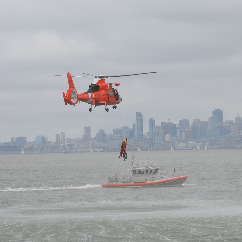 US Coast Guard training in San Franciso Bay.

Helicopter air-sea rescue training, with coastguard board on standby.