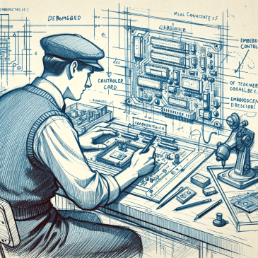 AI generated image of a 1950 firmware engineer at his workbench.