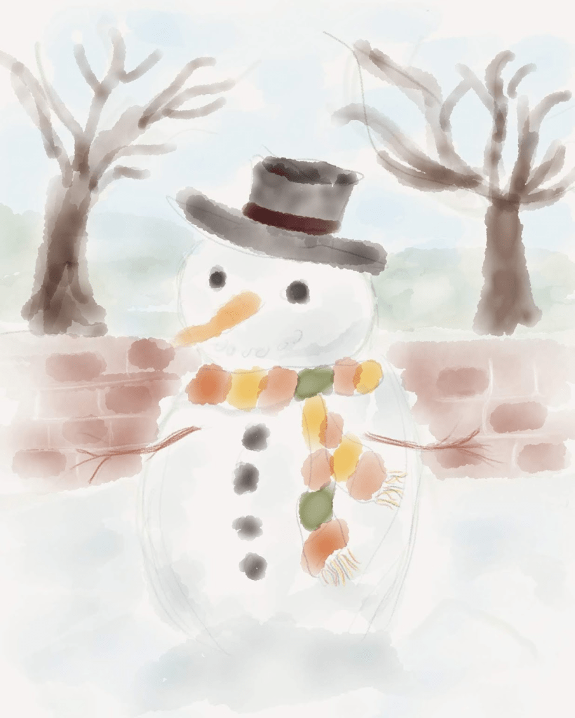 Hand drawn picture of a snowman in front of a brick wall, with bare trees beyond the wall.