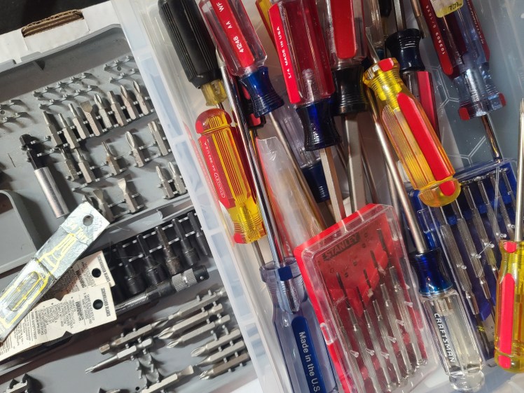 A box of screwdrivers, including jewellers and houshold, then a collection of bits including torx and hex.